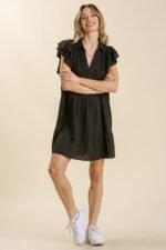 Umgee Black Linen Blend Tiered Dress with Ruffled Sleeves - Image 2