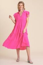 Umgee Tiered Midi Dress with Ruffled Sleeves in Hot Pink ON ORDER - Image 2